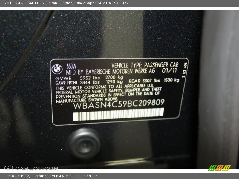 Black Sapphire Metallic / Black 2011 BMW 5 Series 550i Gran Turismo