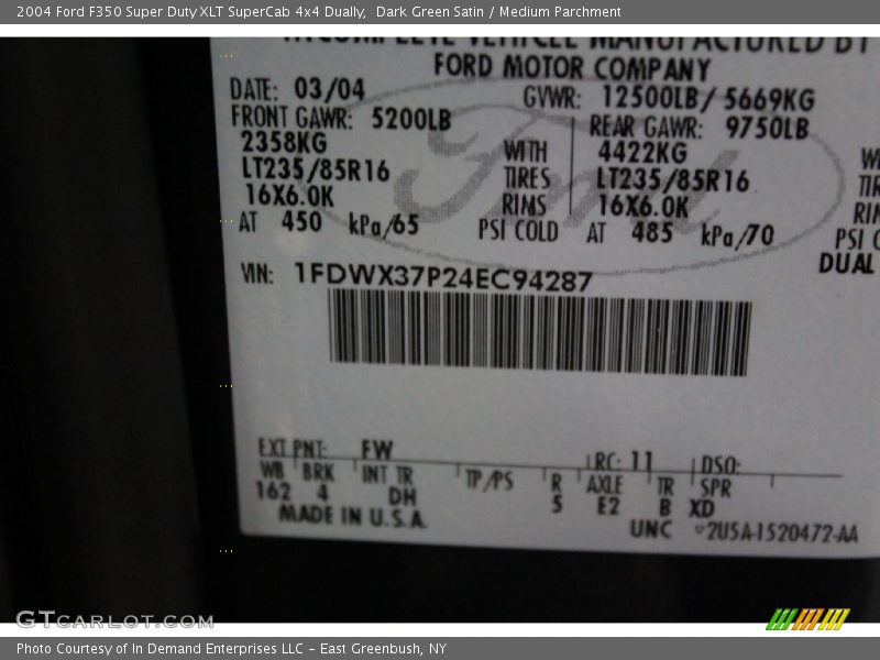 2004 F350 Super Duty XLT SuperCab 4x4 Dually Dark Green Satin Color Code FW