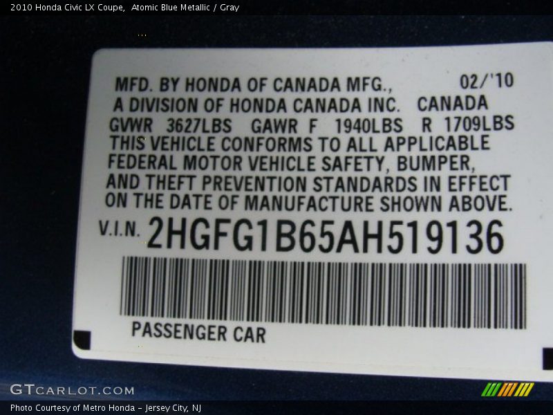 Atomic Blue Metallic / Gray 2010 Honda Civic LX Coupe