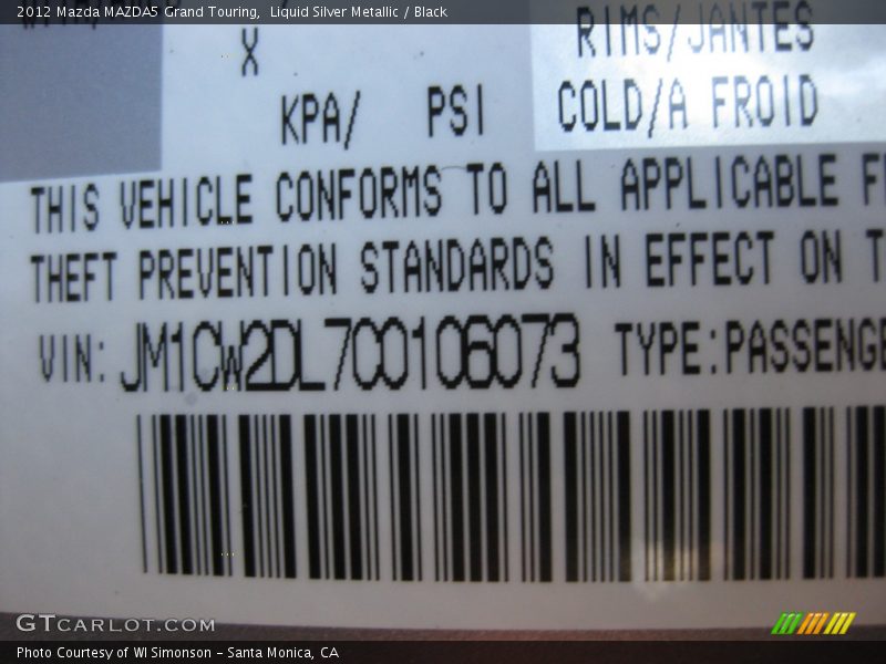 Liquid Silver Metallic / Black 2012 Mazda MAZDA5 Grand Touring