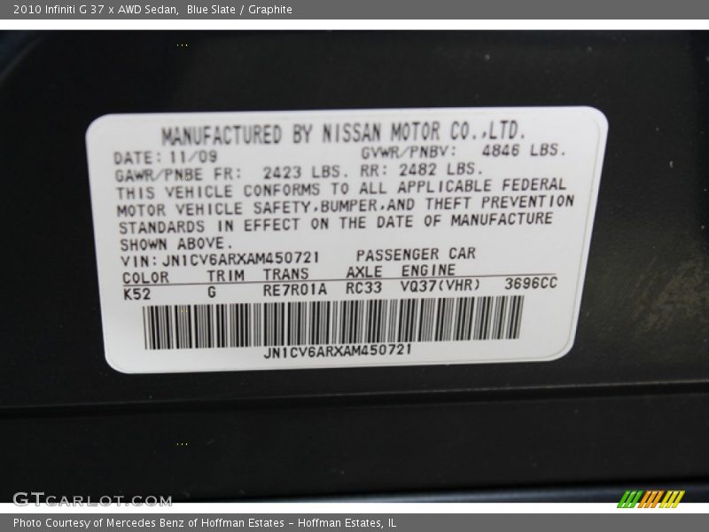 2010 G 37 x AWD Sedan Blue Slate Color Code K52