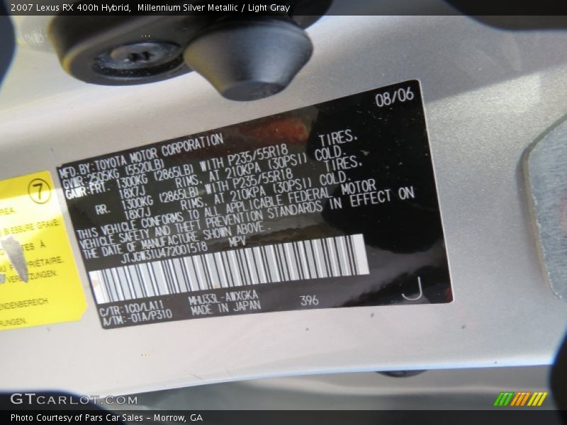 2007 RX 400h Hybrid Millennium Silver Metallic Color Code 1C0