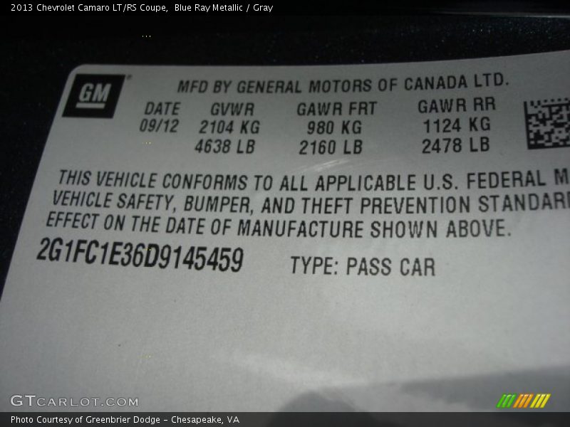 Blue Ray Metallic / Gray 2013 Chevrolet Camaro LT/RS Coupe