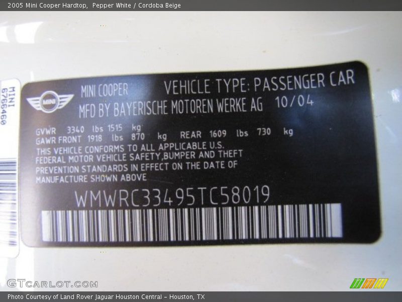 Pepper White / Cordoba Beige 2005 Mini Cooper Hardtop
