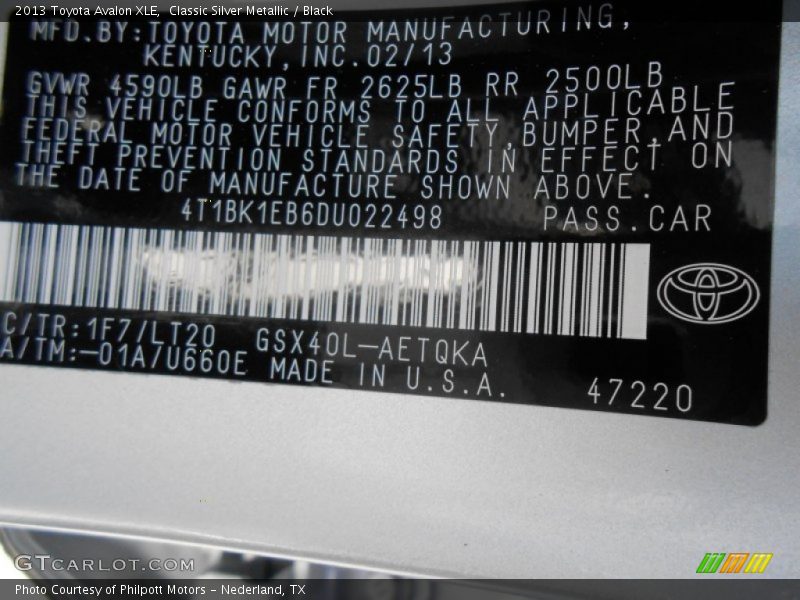 Classic Silver Metallic / Black 2013 Toyota Avalon XLE