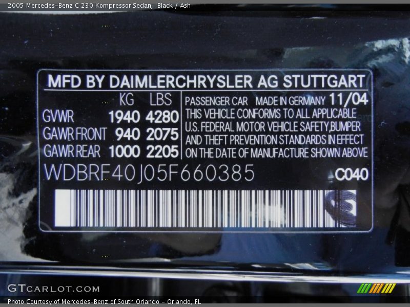 2005 C 230 Kompressor Sedan Black Color Code 040