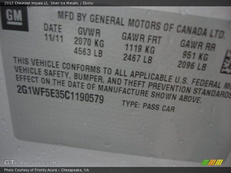 Silver Ice Metallic / Ebony 2012 Chevrolet Impala LS
