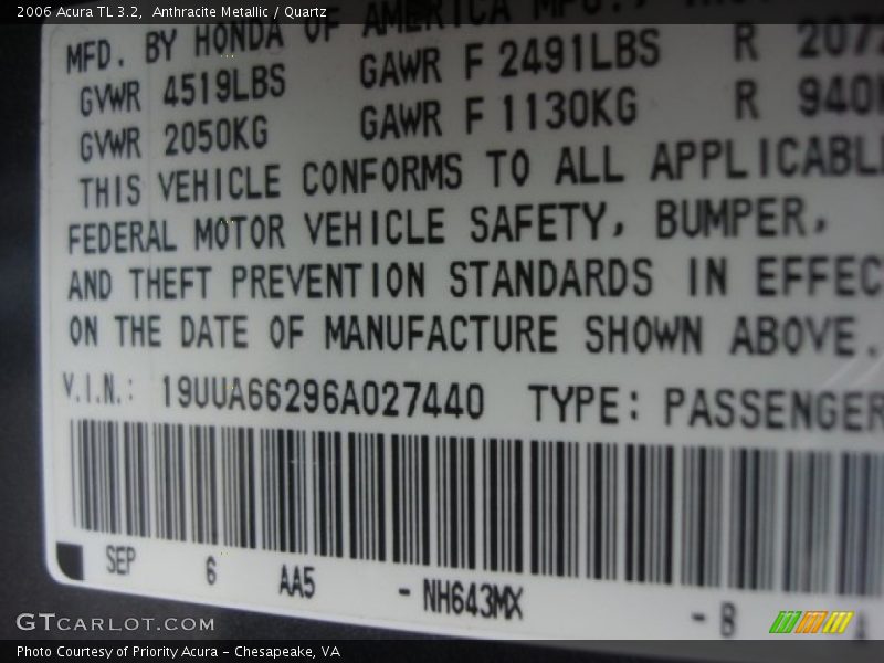 Anthracite Metallic / Quartz 2006 Acura TL 3.2