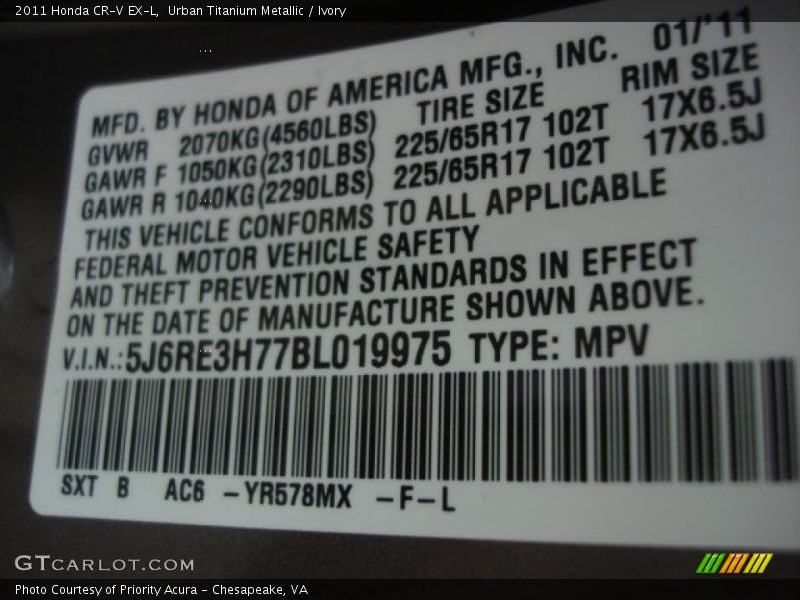 Urban Titanium Metallic / Ivory 2011 Honda CR-V EX-L