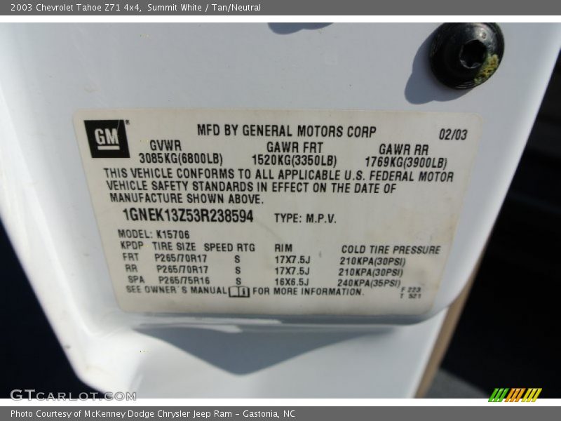 Summit White / Tan/Neutral 2003 Chevrolet Tahoe Z71 4x4