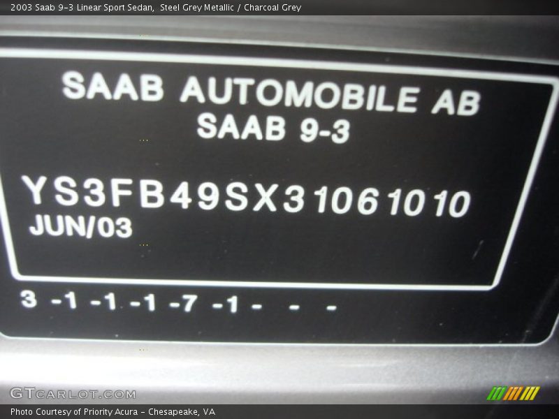 Steel Grey Metallic / Charcoal Grey 2003 Saab 9-3 Linear Sport Sedan
