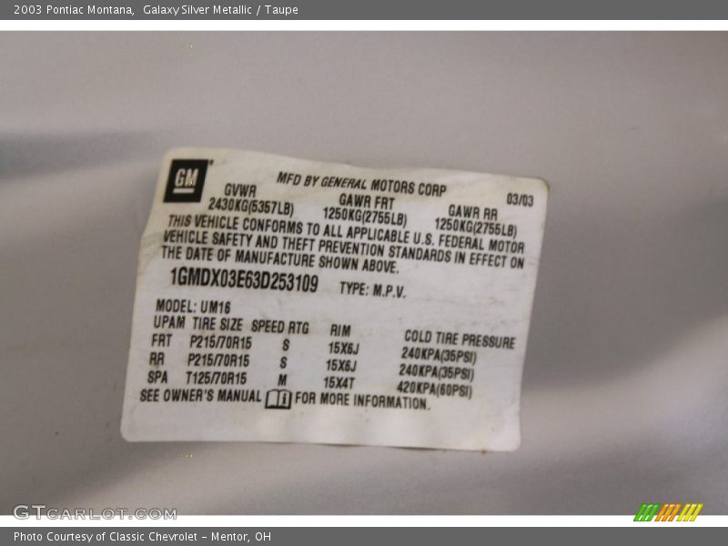Galaxy Silver Metallic / Taupe 2003 Pontiac Montana