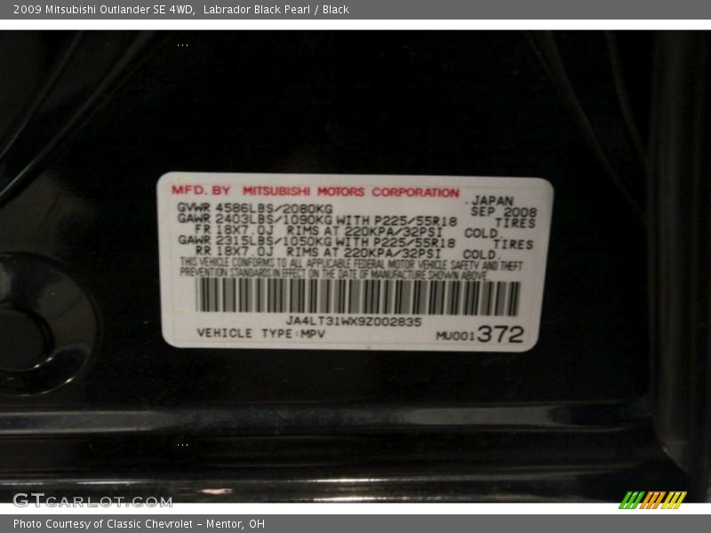 Labrador Black Pearl / Black 2009 Mitsubishi Outlander SE 4WD