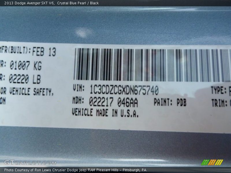 Crystal Blue Pearl / Black 2013 Dodge Avenger SXT V6