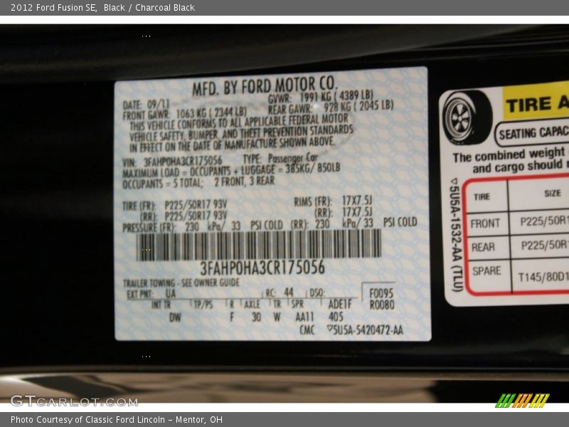 Black / Charcoal Black 2012 Ford Fusion SE