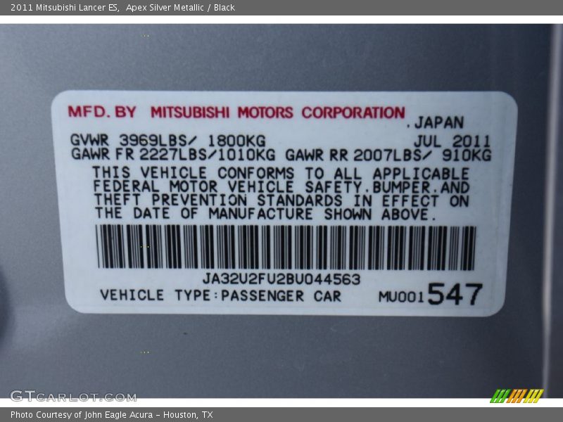 Apex Silver Metallic / Black 2011 Mitsubishi Lancer ES