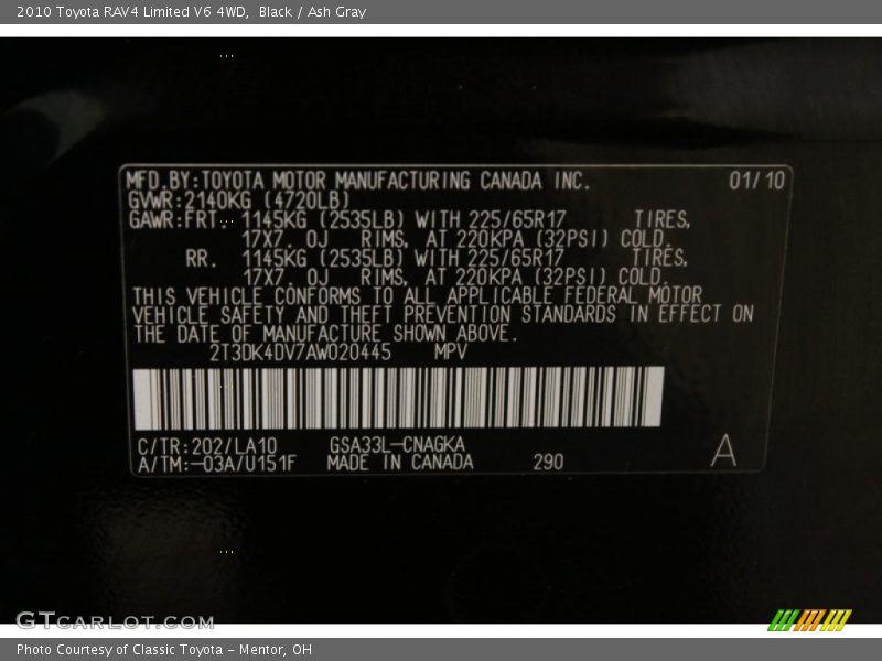 Black / Ash Gray 2010 Toyota RAV4 Limited V6 4WD