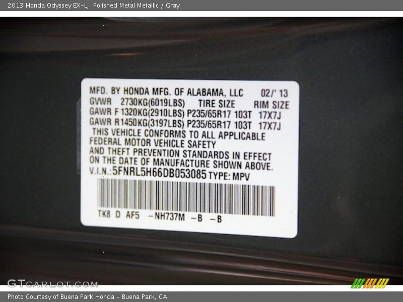 Polished Metal Metallic / Gray 2013 Honda Odyssey EX-L