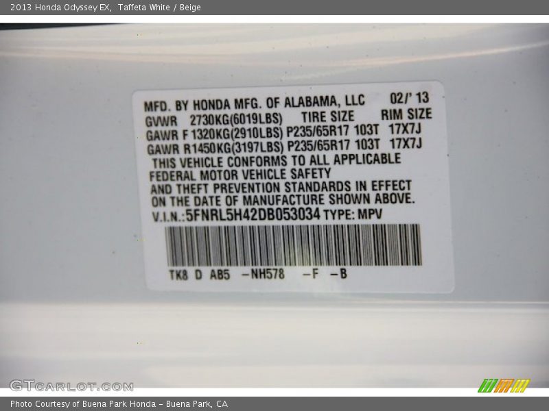 Taffeta White / Beige 2013 Honda Odyssey EX