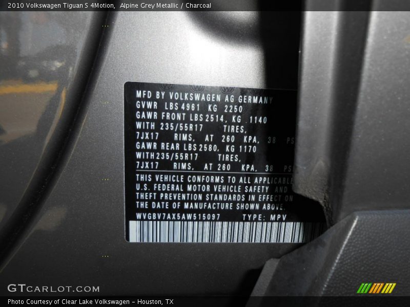Alpine Grey Metallic / Charcoal 2010 Volkswagen Tiguan S 4Motion