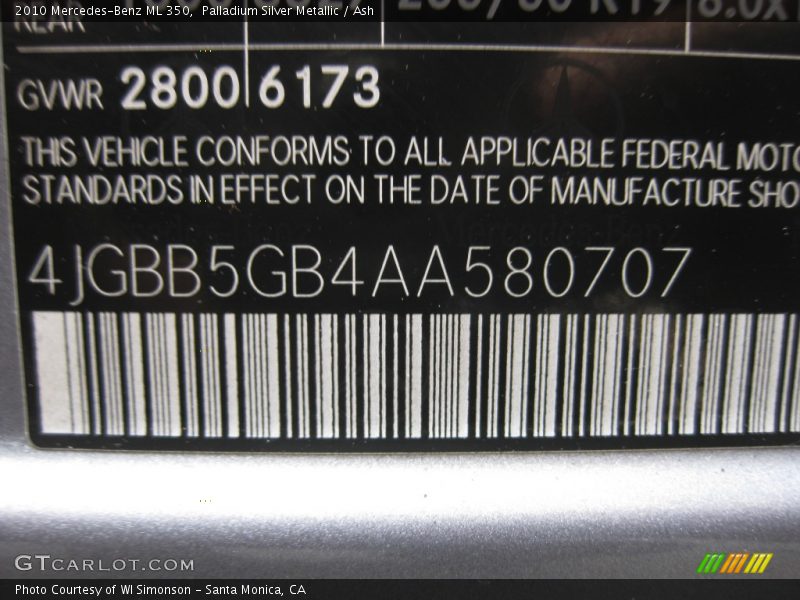 Palladium Silver Metallic / Ash 2010 Mercedes-Benz ML 350