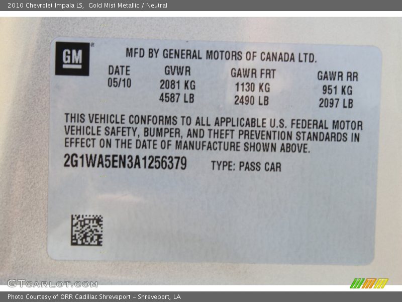 Gold Mist Metallic / Neutral 2010 Chevrolet Impala LS