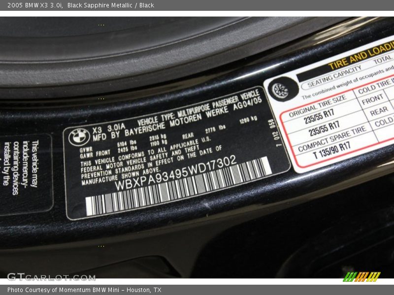 Black Sapphire Metallic / Black 2005 BMW X3 3.0i
