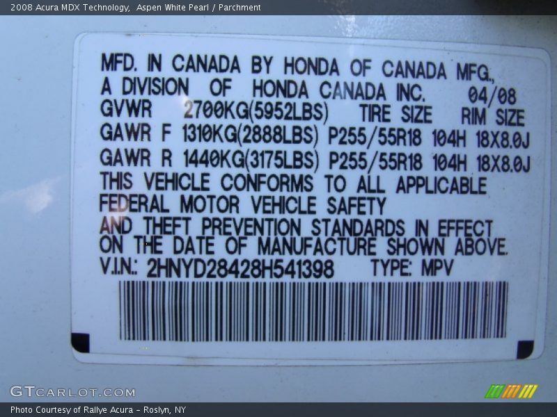 Aspen White Pearl / Parchment 2008 Acura MDX Technology