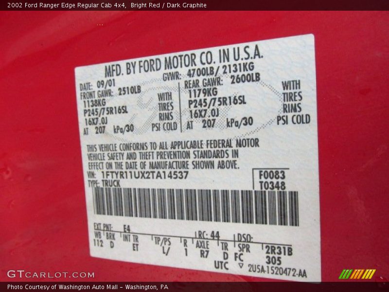 Bright Red / Dark Graphite 2002 Ford Ranger Edge Regular Cab 4x4