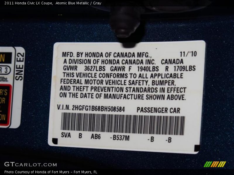 Atomic Blue Metallic / Gray 2011 Honda Civic LX Coupe