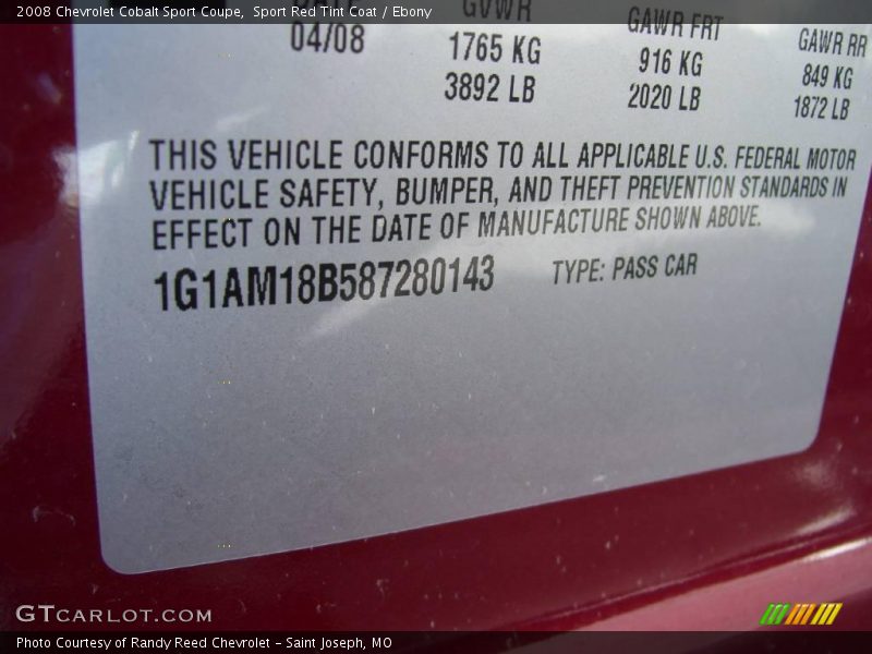 Sport Red Tint Coat / Ebony 2008 Chevrolet Cobalt Sport Coupe