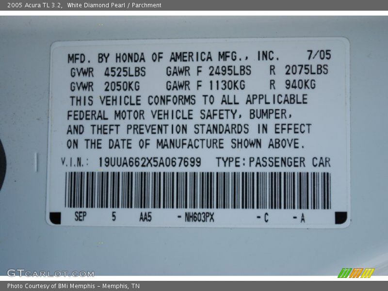White Diamond Pearl / Parchment 2005 Acura TL 3.2