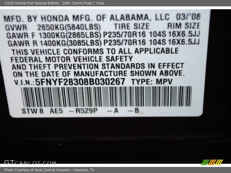 Dark Cherry Pearl / Gray 2008 Honda Pilot Special Edition