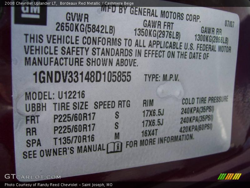 Bordeaux Red Metallic / Cashmere Beige 2008 Chevrolet Uplander LT