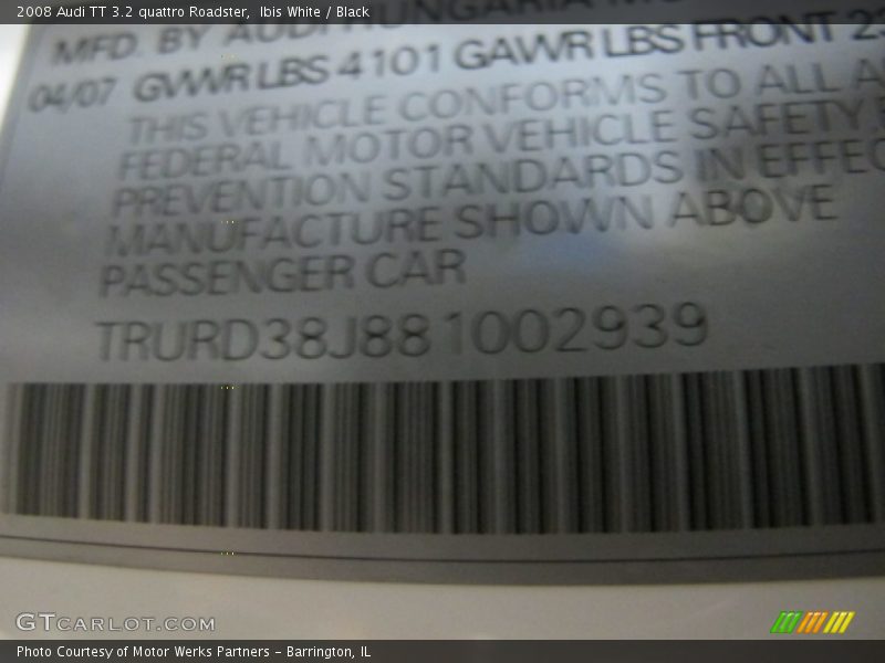 Ibis White / Black 2008 Audi TT 3.2 quattro Roadster
