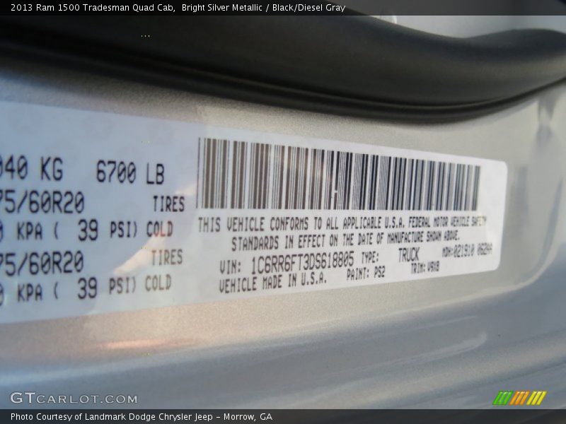 Bright Silver Metallic / Black/Diesel Gray 2013 Ram 1500 Tradesman Quad Cab