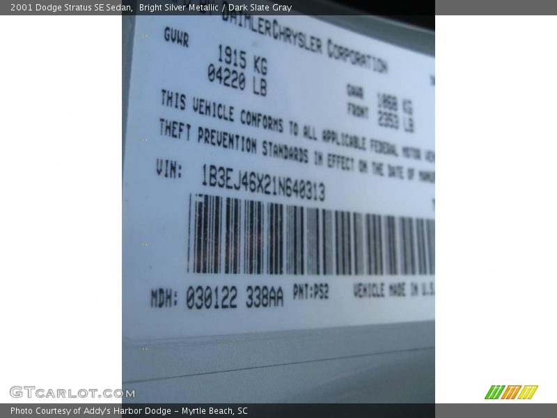 Bright Silver Metallic / Dark Slate Gray 2001 Dodge Stratus SE Sedan