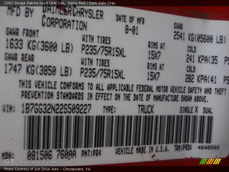Flame Red / Dark Slate Gray 2002 Dodge Dakota Sport Club Cab