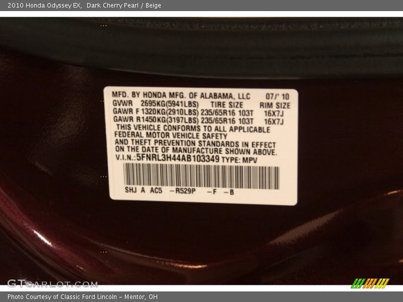 Dark Cherry Pearl / Beige 2010 Honda Odyssey EX