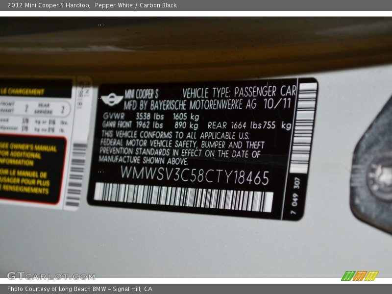 Pepper White / Carbon Black 2012 Mini Cooper S Hardtop