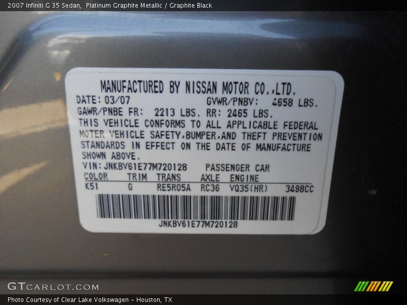 2007 G 35 Sedan Platinum Graphite Metallic Color Code K51