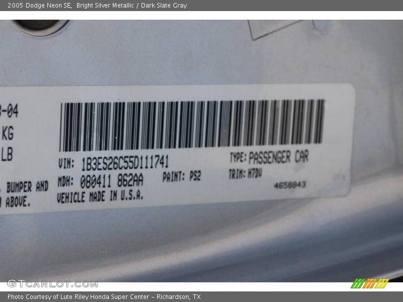 Bright Silver Metallic / Dark Slate Gray 2005 Dodge Neon SE