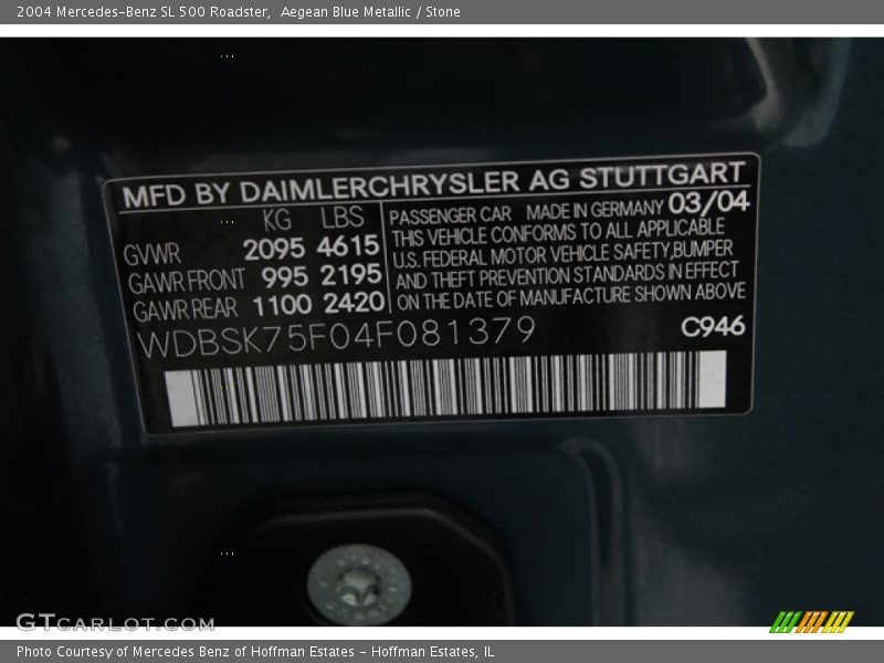 2004 SL 500 Roadster Aegean Blue Metallic Color Code 946
