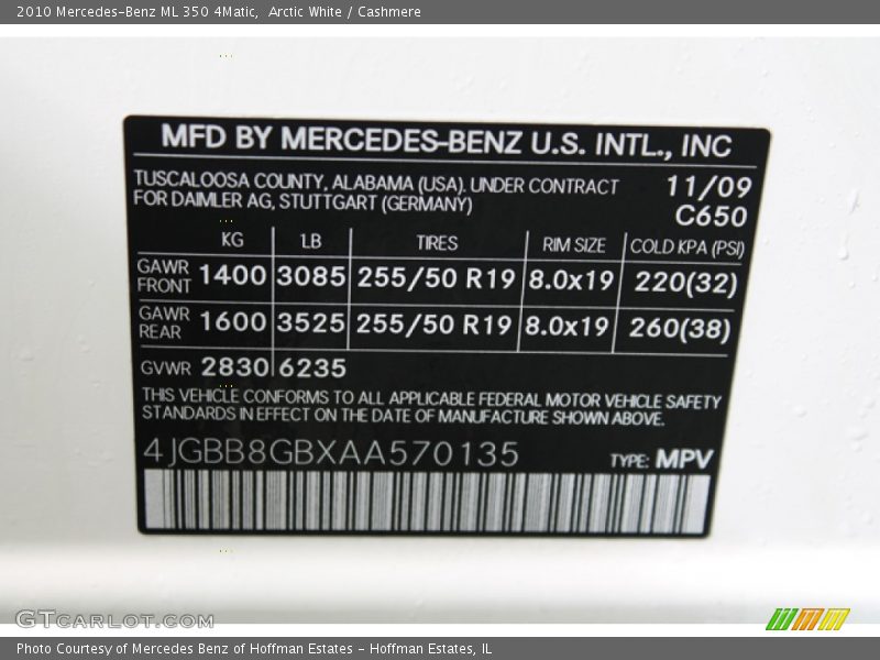2010 ML 350 4Matic Arctic White Color Code 650