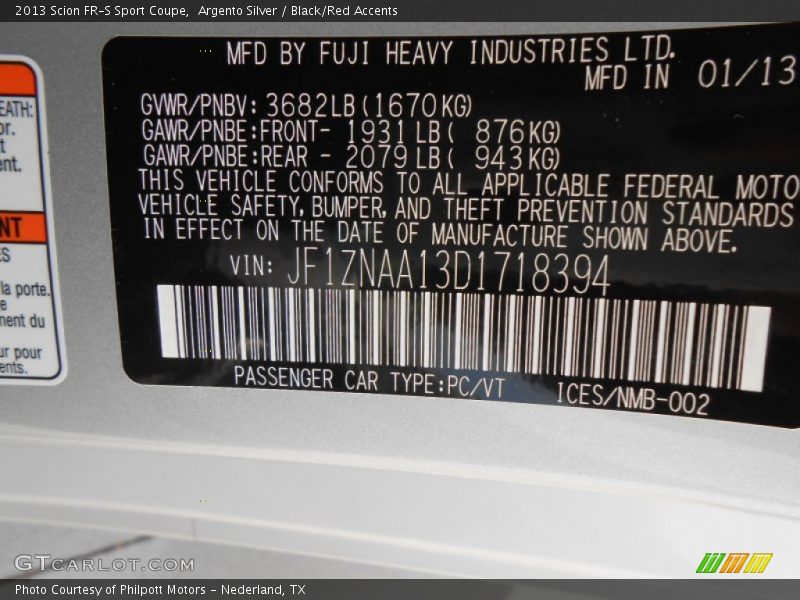 Argento Silver / Black/Red Accents 2013 Scion FR-S Sport Coupe