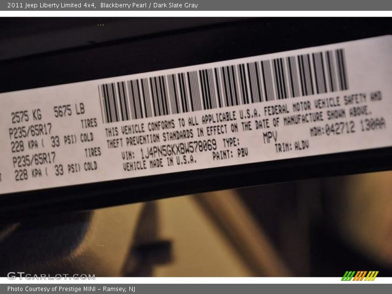 2011 Liberty Limited 4x4 Blackberry Pearl Color Code PBV