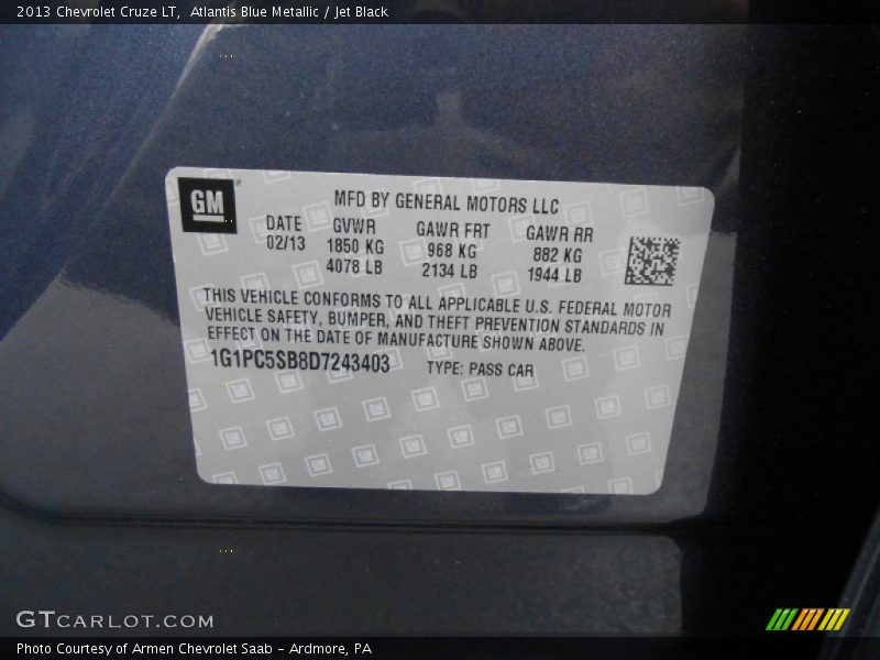 Atlantis Blue Metallic / Jet Black 2013 Chevrolet Cruze LT