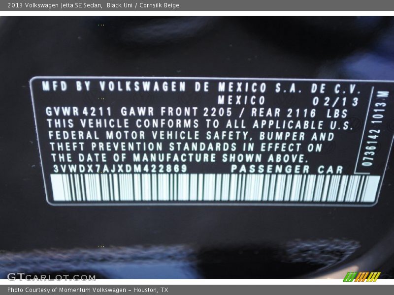 Black Uni / Cornsilk Beige 2013 Volkswagen Jetta SE Sedan