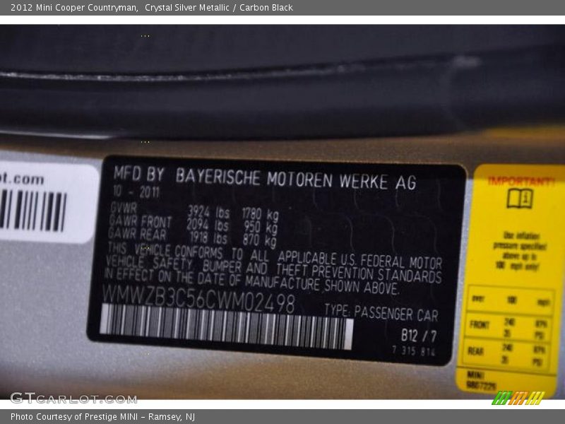 Crystal Silver Metallic / Carbon Black 2012 Mini Cooper Countryman