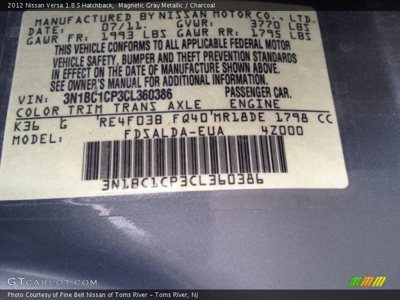 2012 Versa 1.8 S Hatchback Magnetic Gray Metallic Color Code K36